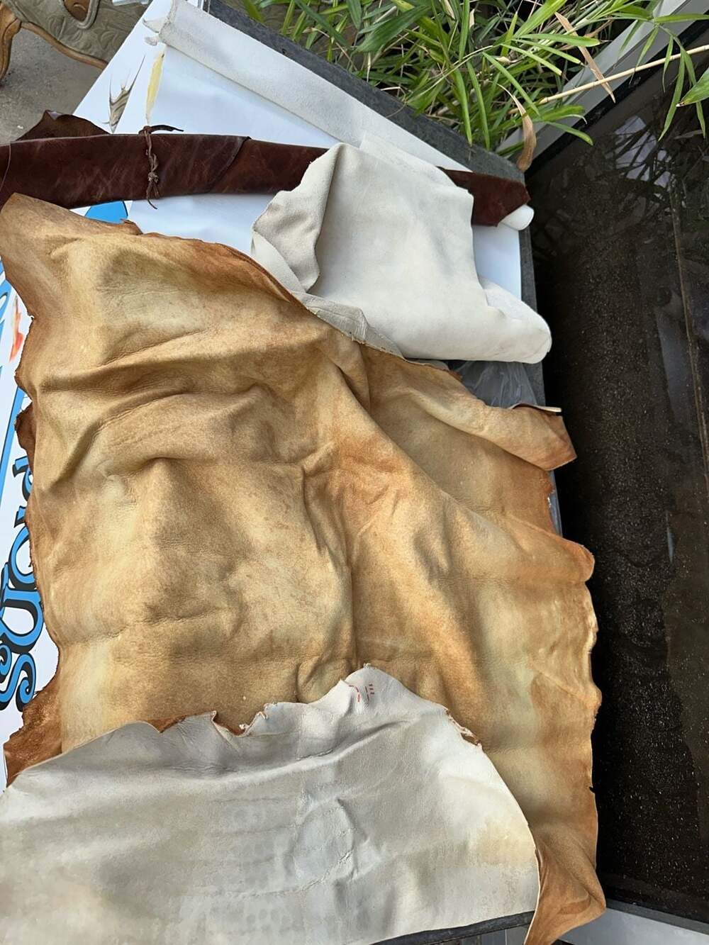 Assorted Leather Crafting Hides and Scraps Lot - Tan, White, and Brown Pieces